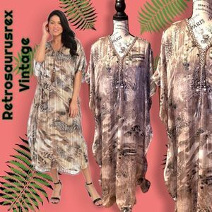 𝅺fig & Vine Leopard Cheetah Print Tassel Caftan Mumu Maxi Dress, Small
